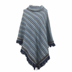 Blue Striped Fringed Women's Turtleneck Poncho